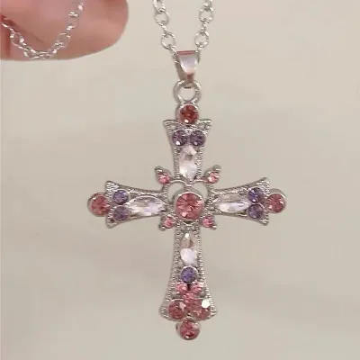 Collier avec pendentif croix Y2K pour femmes, en Zircon rose violet, bijoux gothiques, accessoires de fête pour filles, cadeau féminin