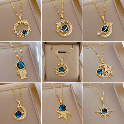 Collier de luxe léger en titane et acier pour femmes, série étoile, couleur or, pendentif planète lune astronaute, bijoux cadeaux