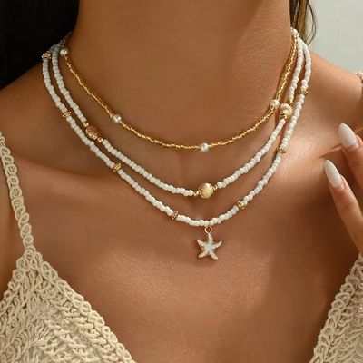 Collier bohème en perles empilées faites à la main pour femmes, pendentif délicat en coquillage d&#39;étoile de mer, bijoux de fête d&#39;été sur la plage et les vacances