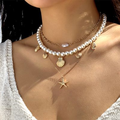 Exqusite Imitation perle coquille étoile de mer pendentif collier pour femmes bohème océan éléments charme collier ras du cou bijoux d&#39;été