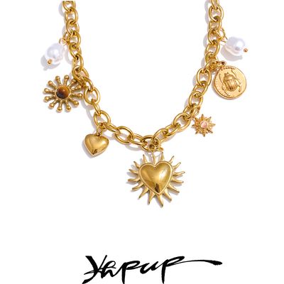 Yhpup été soleil coeur goutte breloques collier à la mode en acier inoxydable collier fait à la main doré PVD bijoux étanche pour les femmes