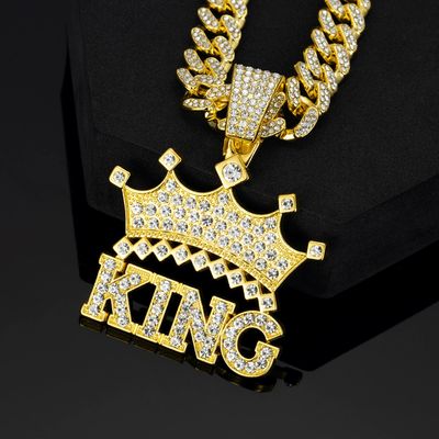 Collier couronne Hip Hop avec pendentif roi pour hommes, chaîne cubaine en cristal de 13mm, colliers scintillants glacés HipHop, bijoux à breloques à la mode