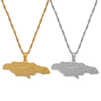 Anniyo – Collier avec pendentif carte de la Jamaïque pour femme, joli bijou chaîne et pendant portant le nom des villes, matière acier inoxydable, couleur argent ou or, #071021