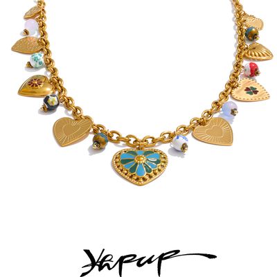 Yhpup 2025 exquis en acier inoxydable perles en céramique coeur amour goutte collier de haute qualité doré charme bijoux recommander