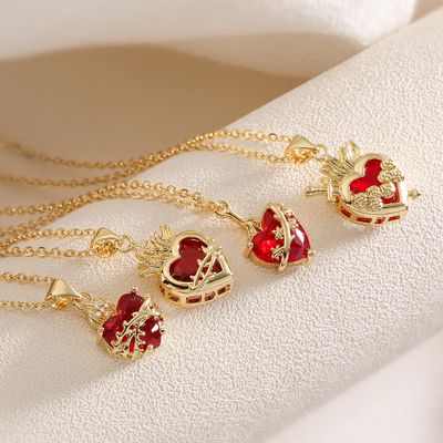 NEWBUY mode couleur or chaîne rouge cristal coeur pendentif colliers pour femmes Bling Bling bijoux