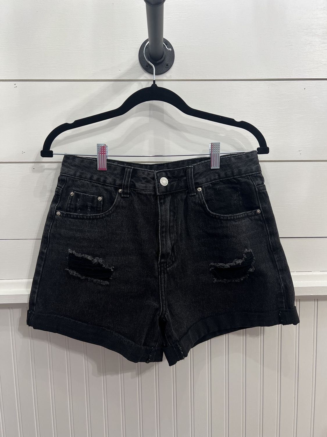 Distressed Roll UP Denim Shorts Black SM