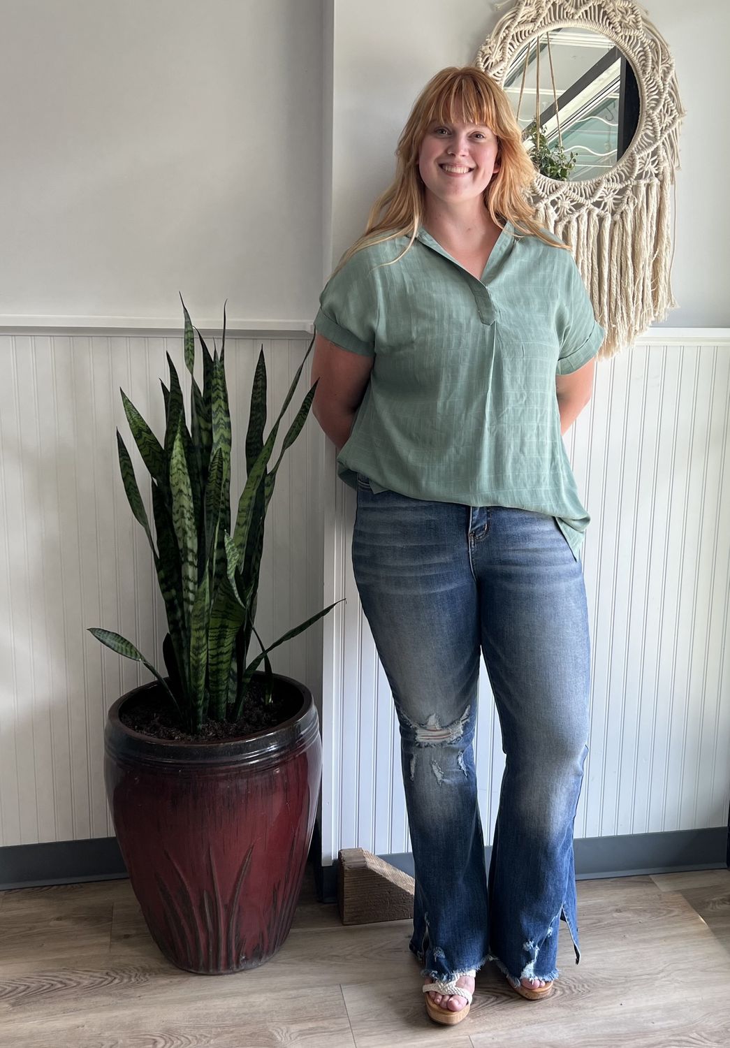 V-Neck Striped Plaid Shirt Green