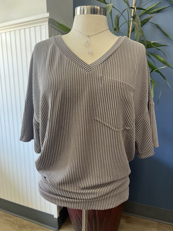 Corded V Neck Chest Pocket Tee