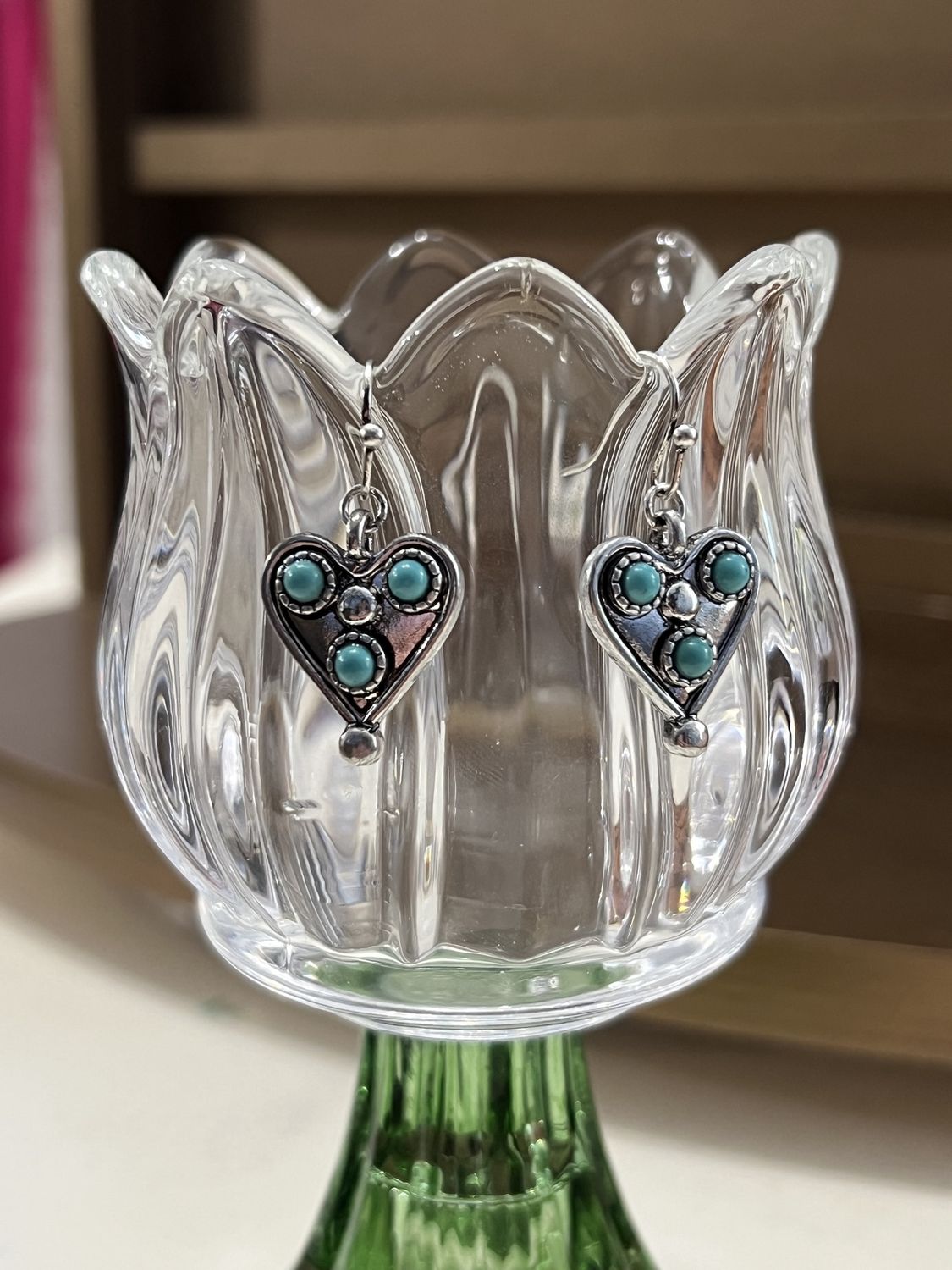 Silver Teal Heart Earrings