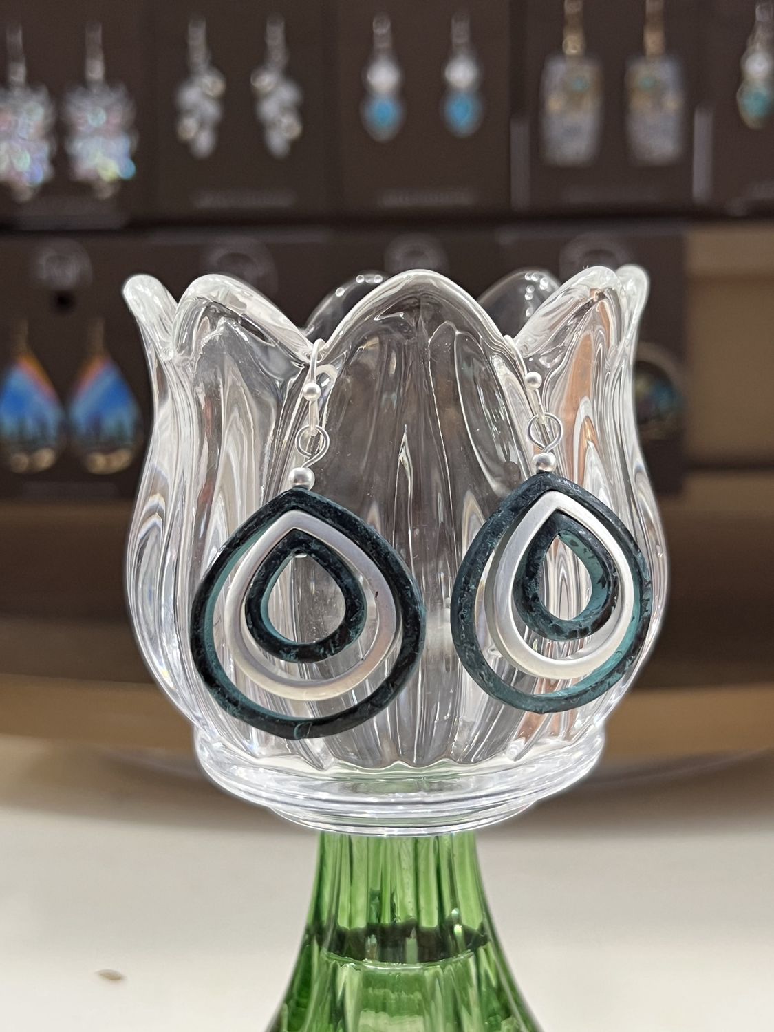 Silver Teal Layered Earrings