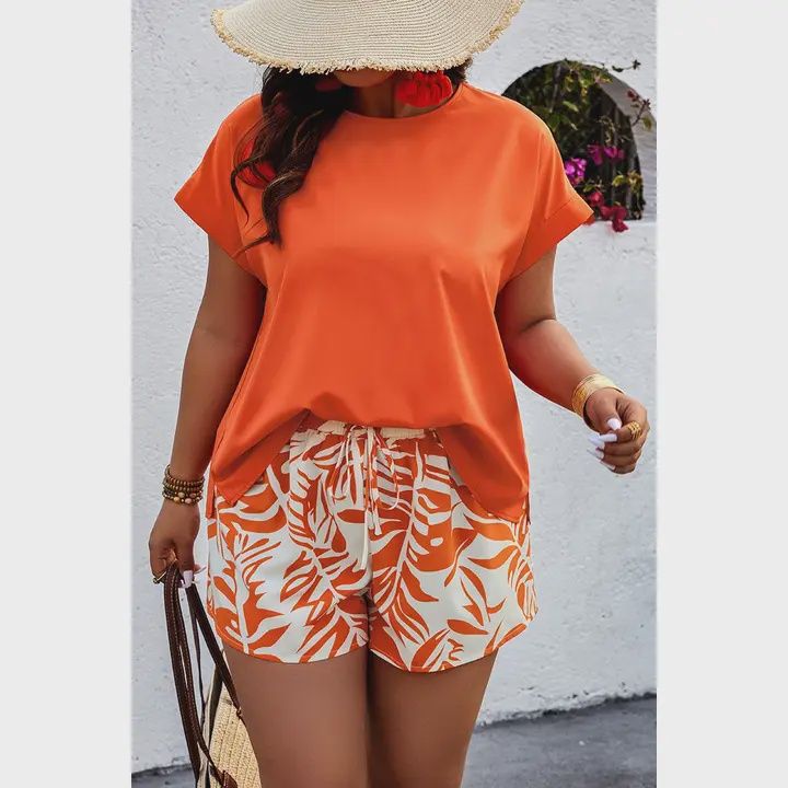 Round Neck Shirt Print Shorts Set