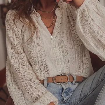 Lace Puff Sleeve Button Shirt XL
