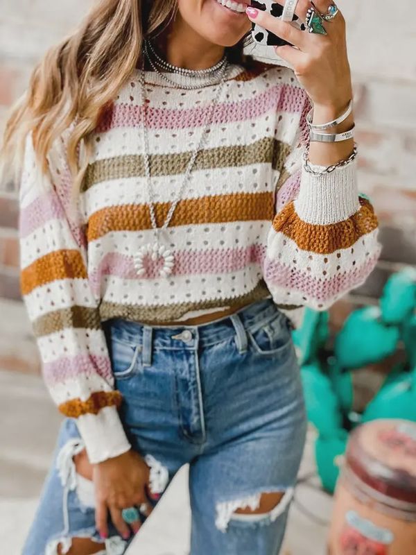 Stripe Hollow Knitted Loose Sweater MD
