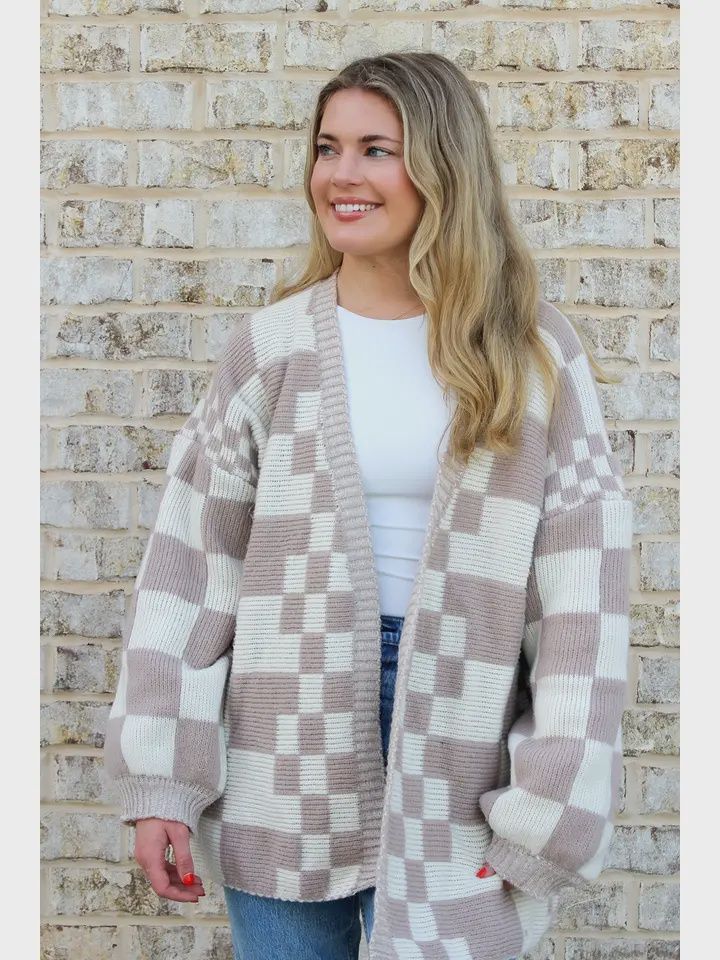 Oversized Checkered Cardigan Taupe
