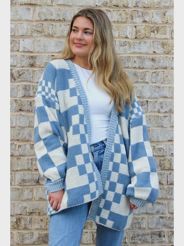 Oversized Checkered Cardigan Blue