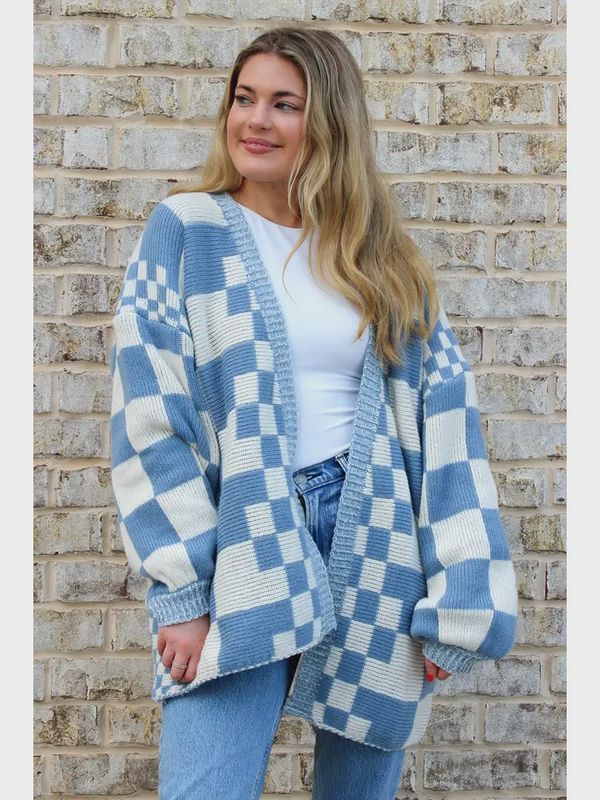 Oversized Checkered Cardigan Blue