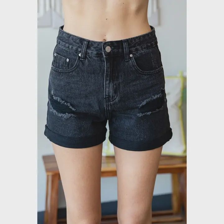 Distressed Roll UP Denim Shorts Black MD