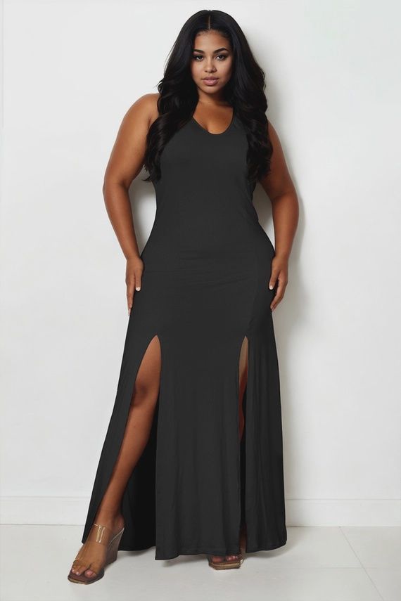 Plunge Neck Thigh Split Maxi Dress