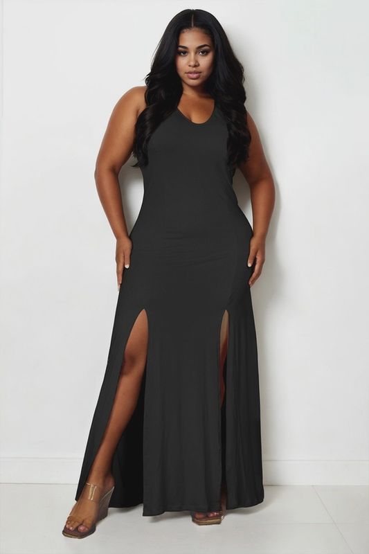 Plunge Neck Thigh Split Maxi Dress
