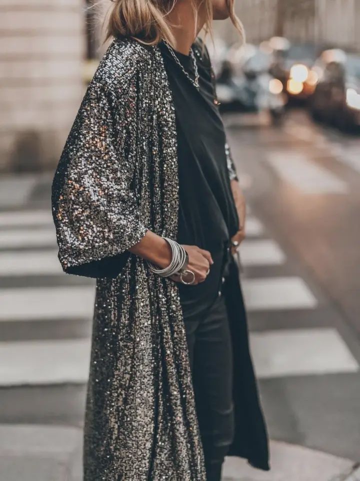 Party Sequined Long Cardigan Silver, Size: SM/MD