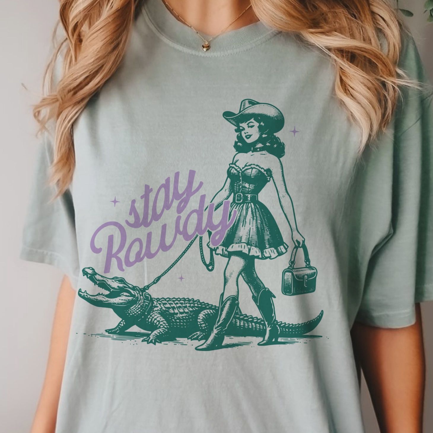 Western Stay Rowdy Retro Alligator Green Graphic Tee