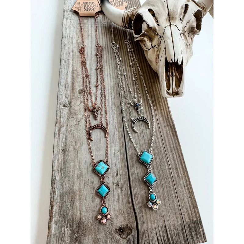 3 Layered Western Squash Blossom Necklace - Silver