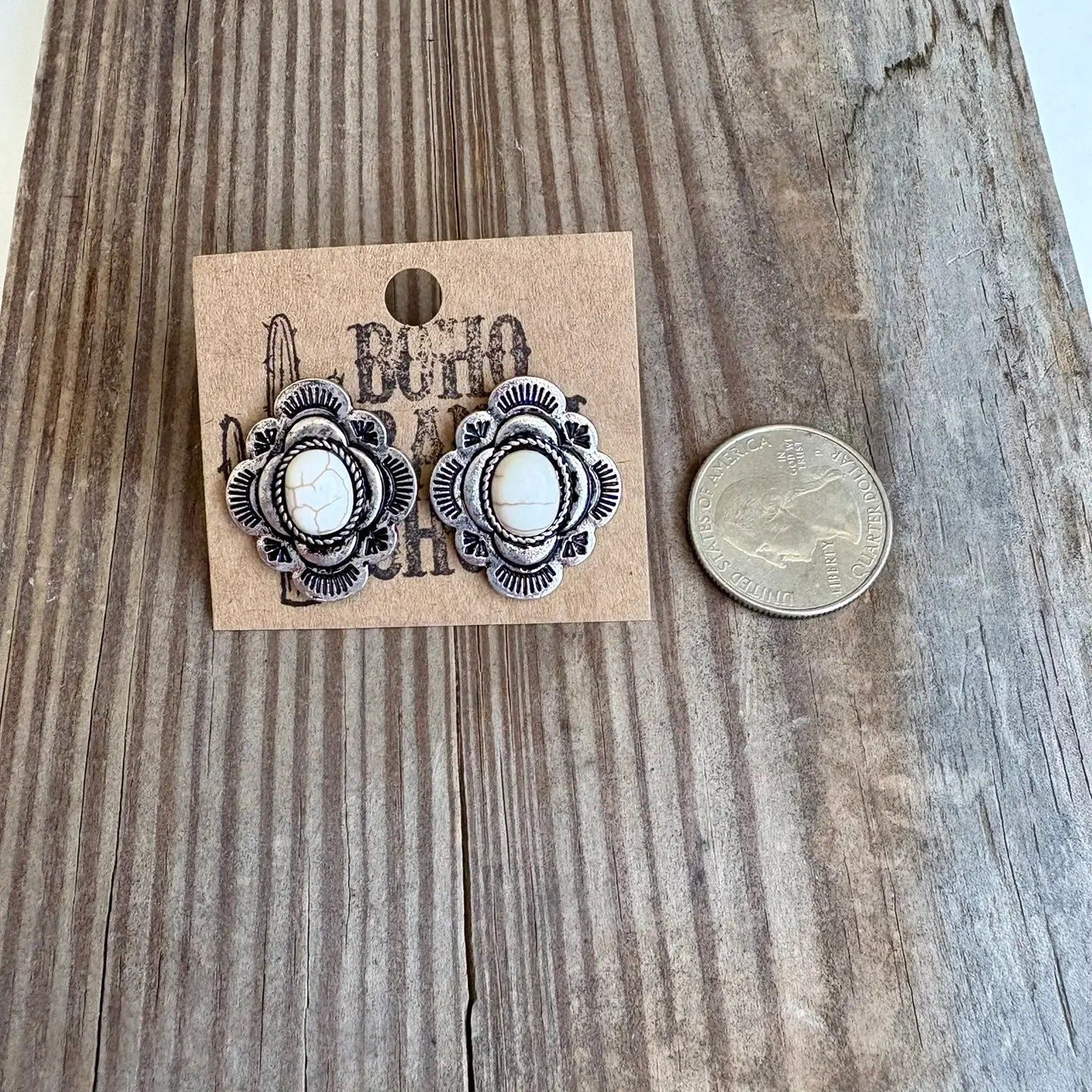 Western Turquoise Stone Concho Stud Earrings, Colour: White