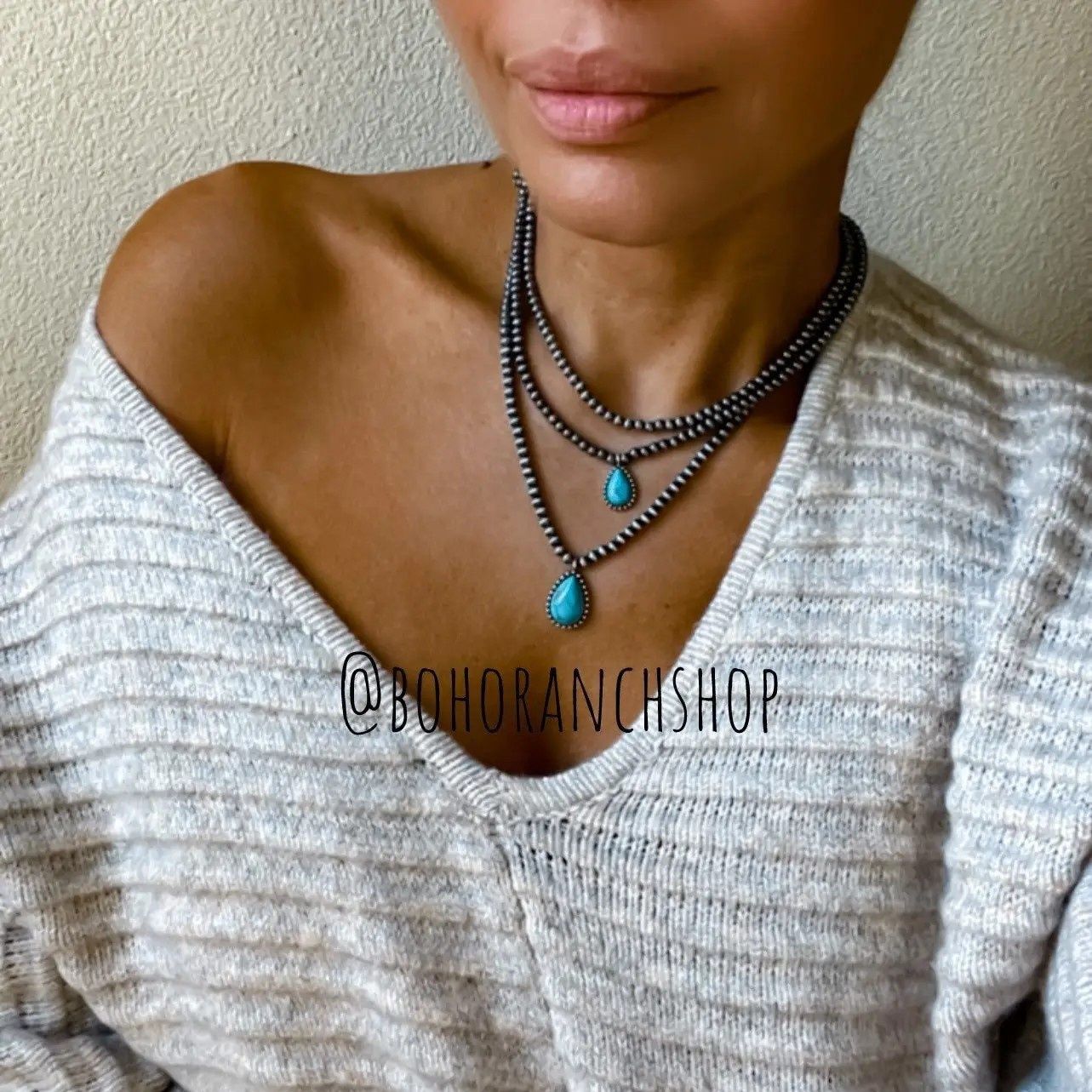 Multi Layered Necklace Navajo Bead Semi Stone Necklace, Colour: Turquoise