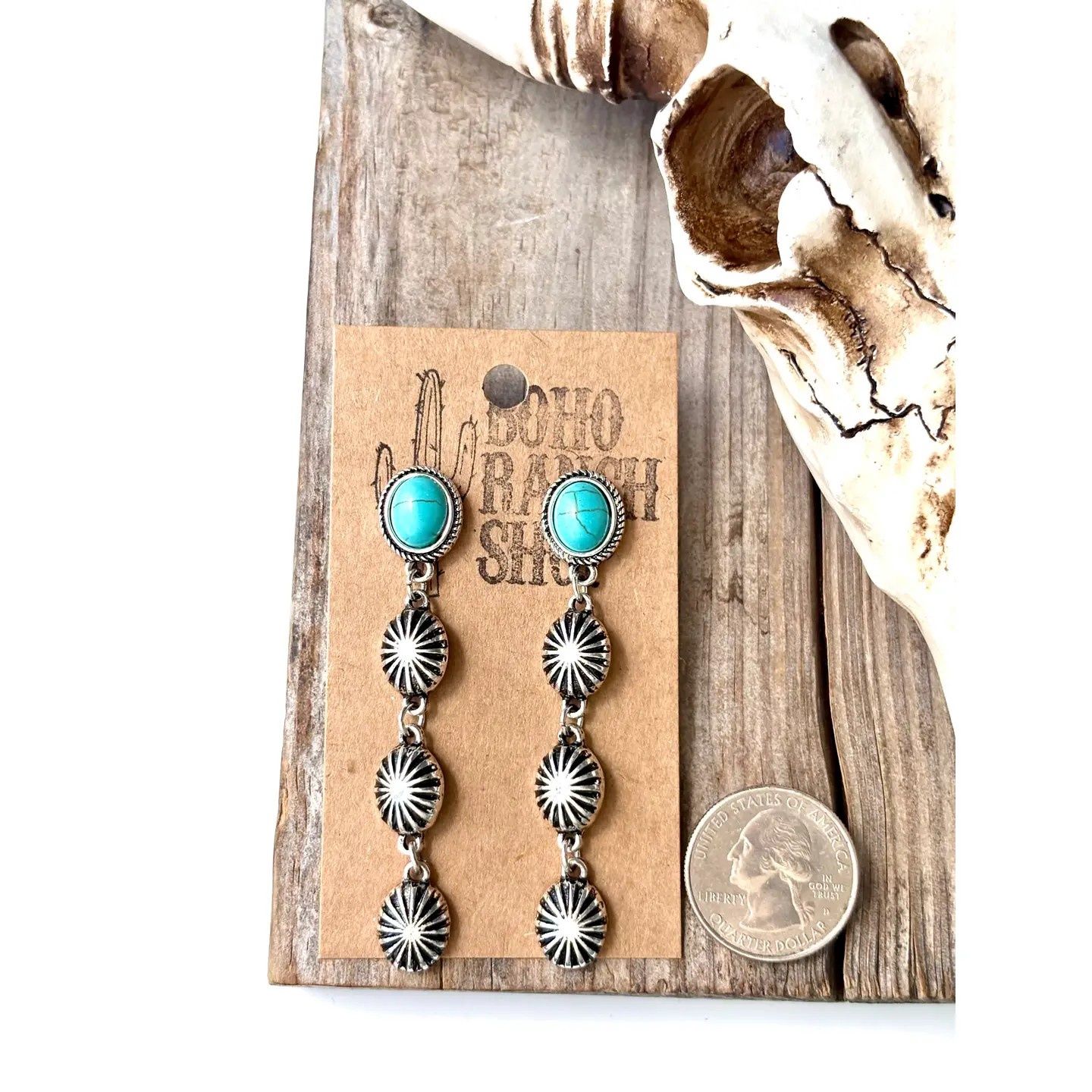 4 Tier Western Concho &amp; Oval Stone Post Drop Earrings