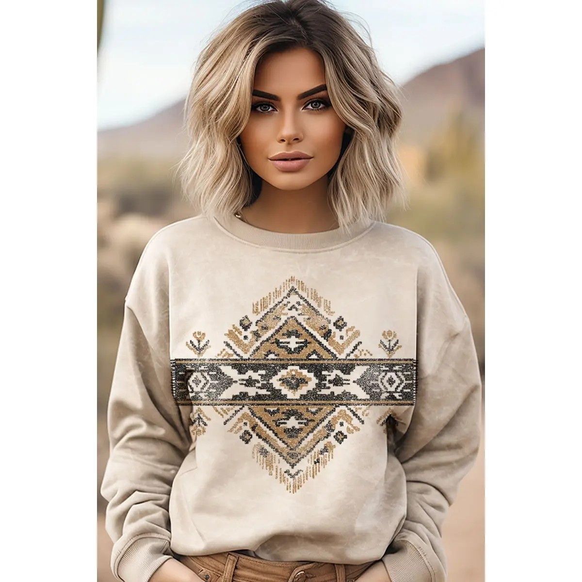 VINTAGE AZTEC MINERAL GRAPHIC SWEATWHIRTS, Size: SM