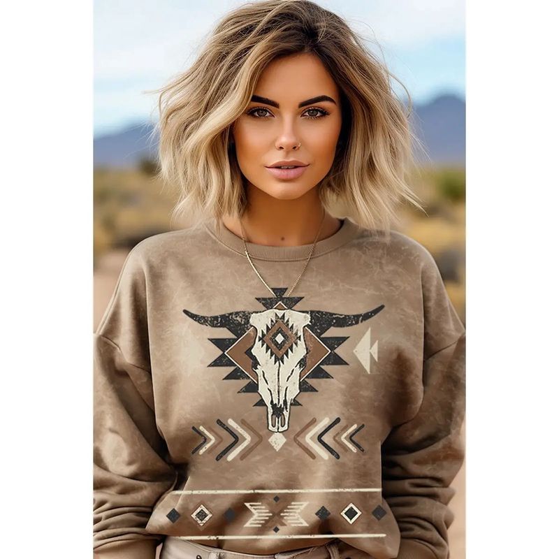 COW SKULL AZTEC MINERAL GRAPHIC SWEATWHIRTS