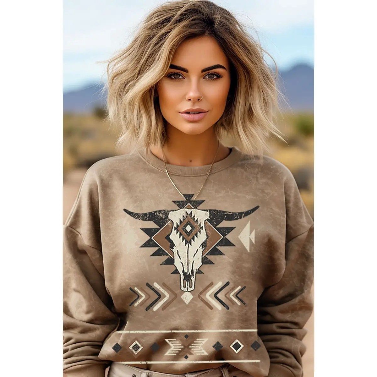 COW SKULL AZTEC MINERAL GRAPHIC SWEATWHIRTS, Size: SM