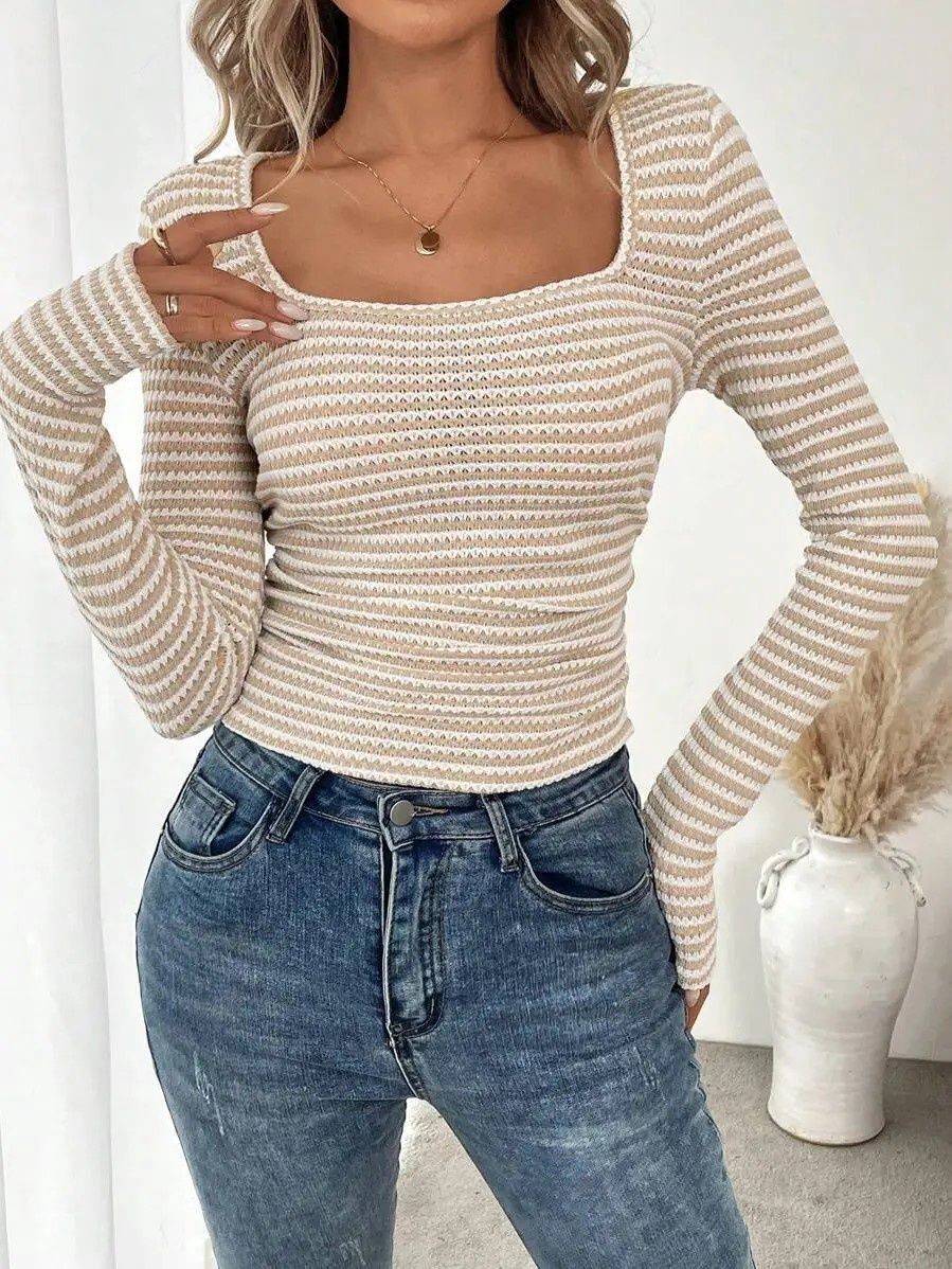 Square Neck Slim Fit Knit Top, Colour: Beige, Size: SM