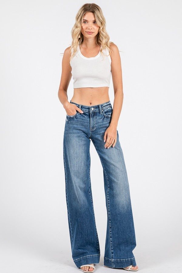 MID RISE STRETCH TROUSER WIDE LEG JEANS, Size: 1/24