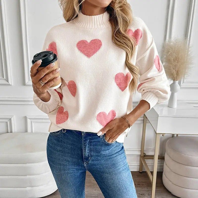 Pink Heart Half Turtleneck Knit Sweater, Size: SM