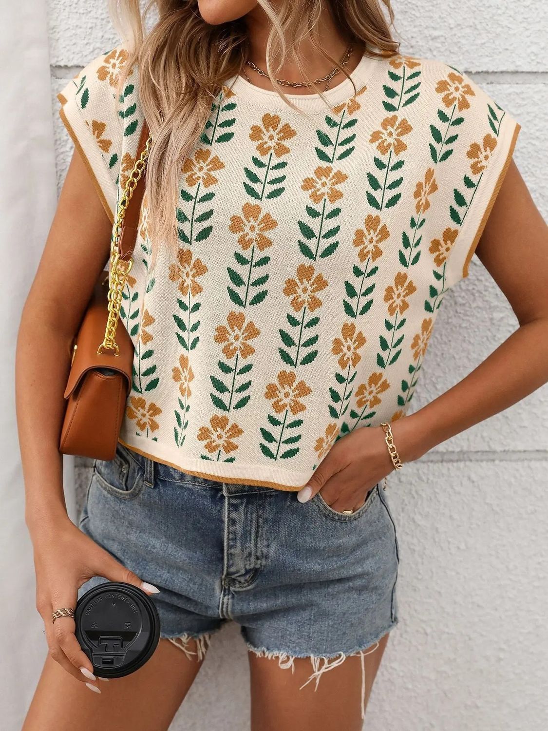 Retro Floral Knit Crop Top Short Sleeve Vintage Pullover Tee, Colour: Apricot, Size: SM
