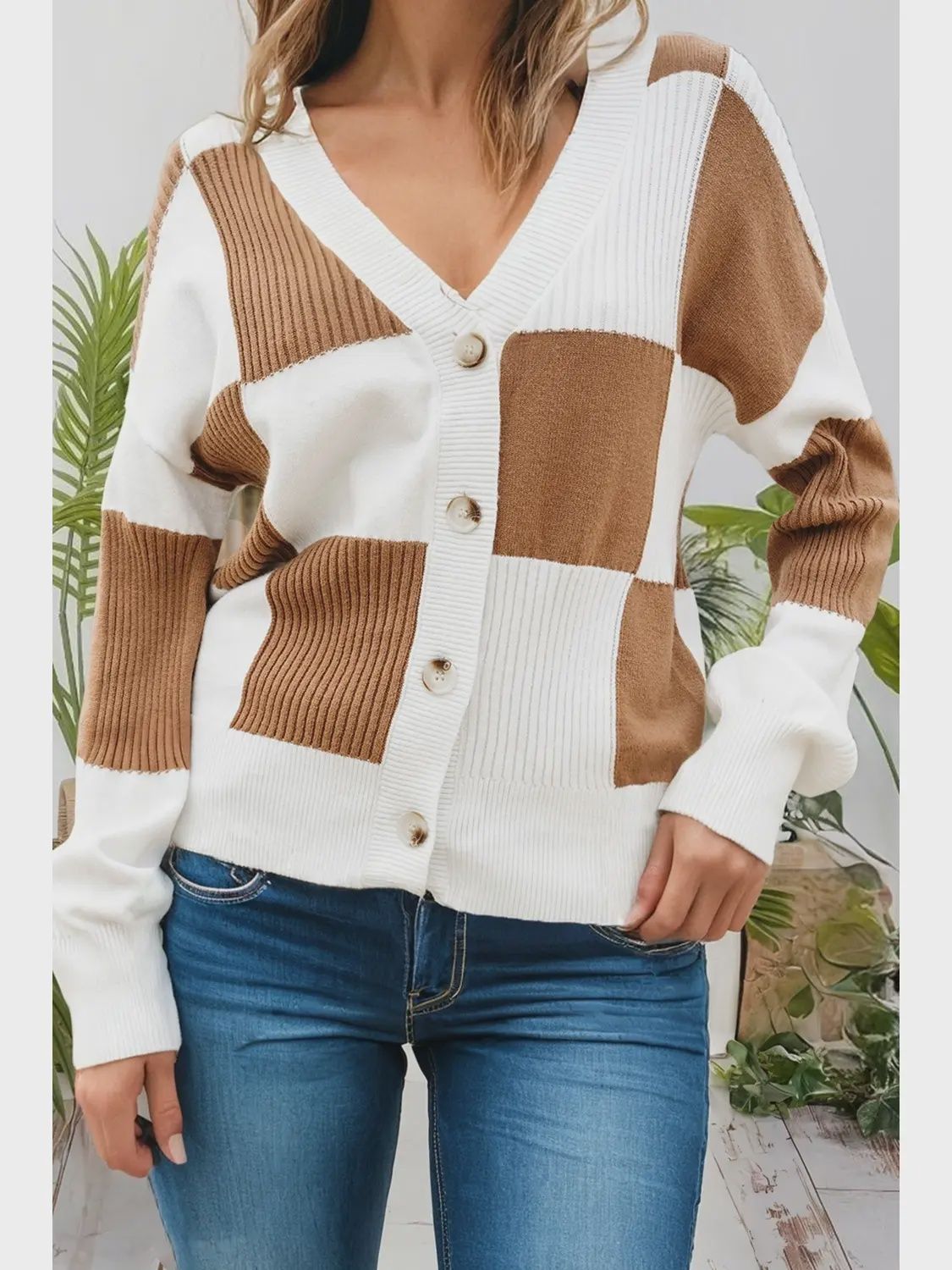 Checkered Ribbed Plus Size Cardigan Sweater