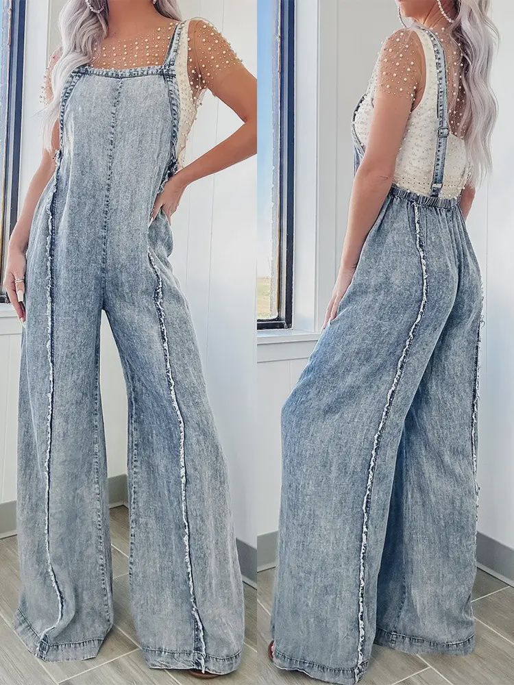 Washed Raw Wide Leg Jumpsuit, Size: Sm