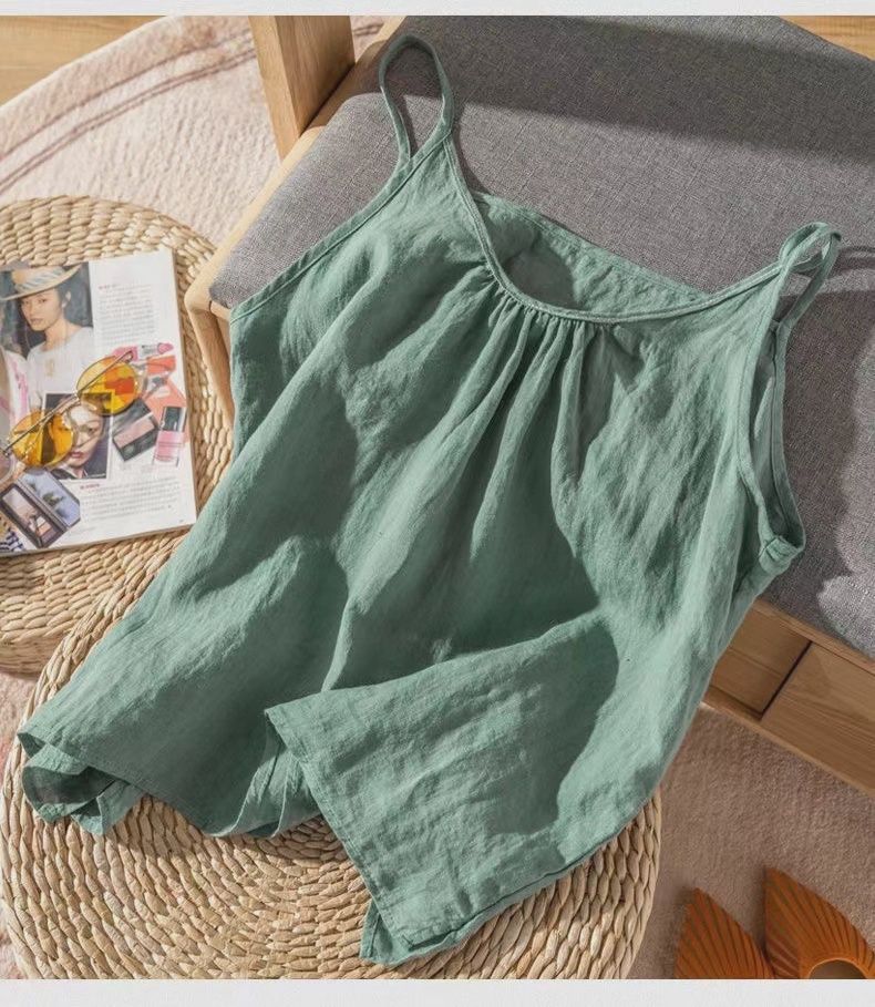 Cotton Linen Camisole Tank Top, Colour: Green, Size: Sm
