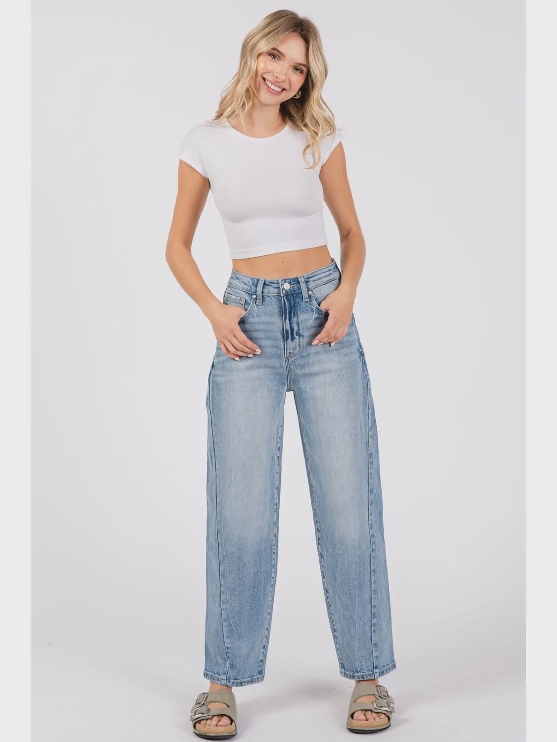 SIDE SEAM DETAILING HIGH RISE COMFORT BARREL JEANS
