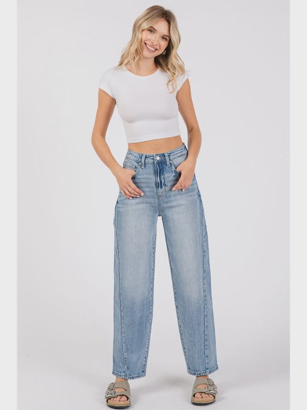 SIDE SEAM DETAILING HIGH RISE COMFORT BARREL JEANS