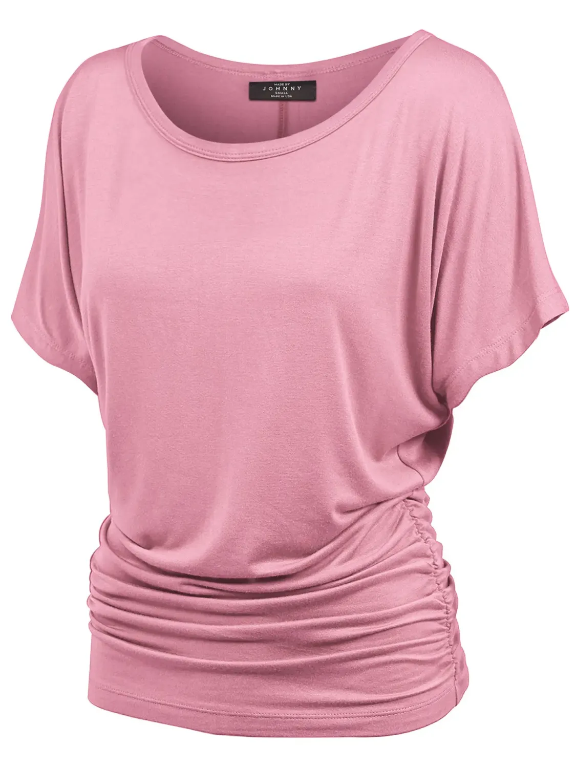 Women's Solid Short Sleeve Boat Neck Dolman Top with Side Shirring