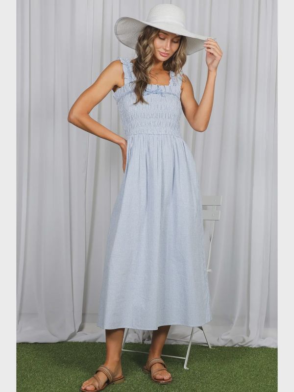 Gingham Velvet Trim Strap 100% Cotton Midi Dress