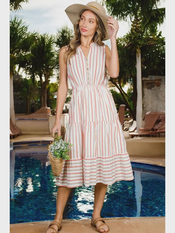 Striped Button Front Tired Midi Dress
