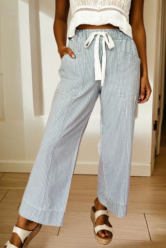 Stripe Mid Rise Drawstring Waist Denim Jeans