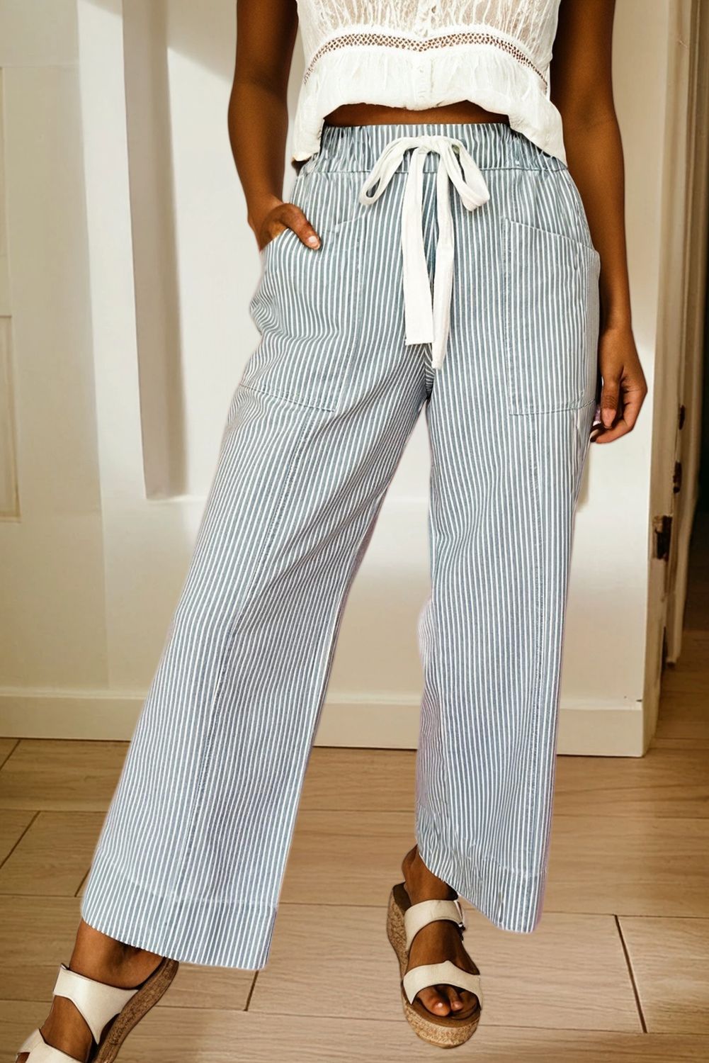 Stripe Mid Rise Drawstring Waist Denim Jeans, Color: Blue, Size: 6