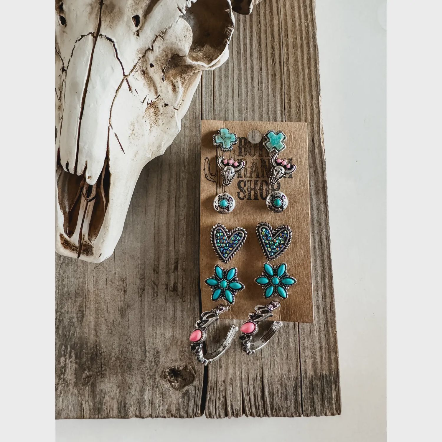 6 Pair Western Navajo Style Rhinestone Stud Stud Earring Set, Color: Pink