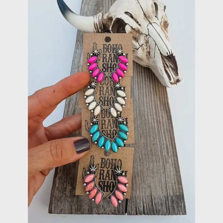 Western Concho Semi Stone Stud Earrings, Color: Pink