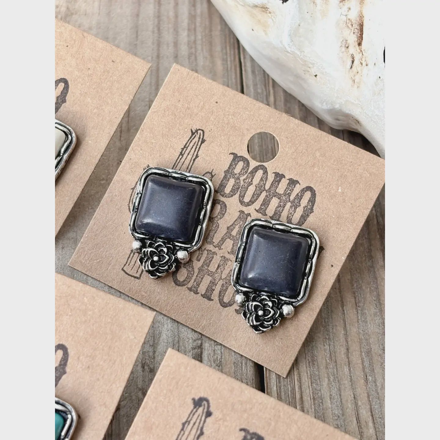 Western Style Square Stone &amp; Flower Stud Earrings