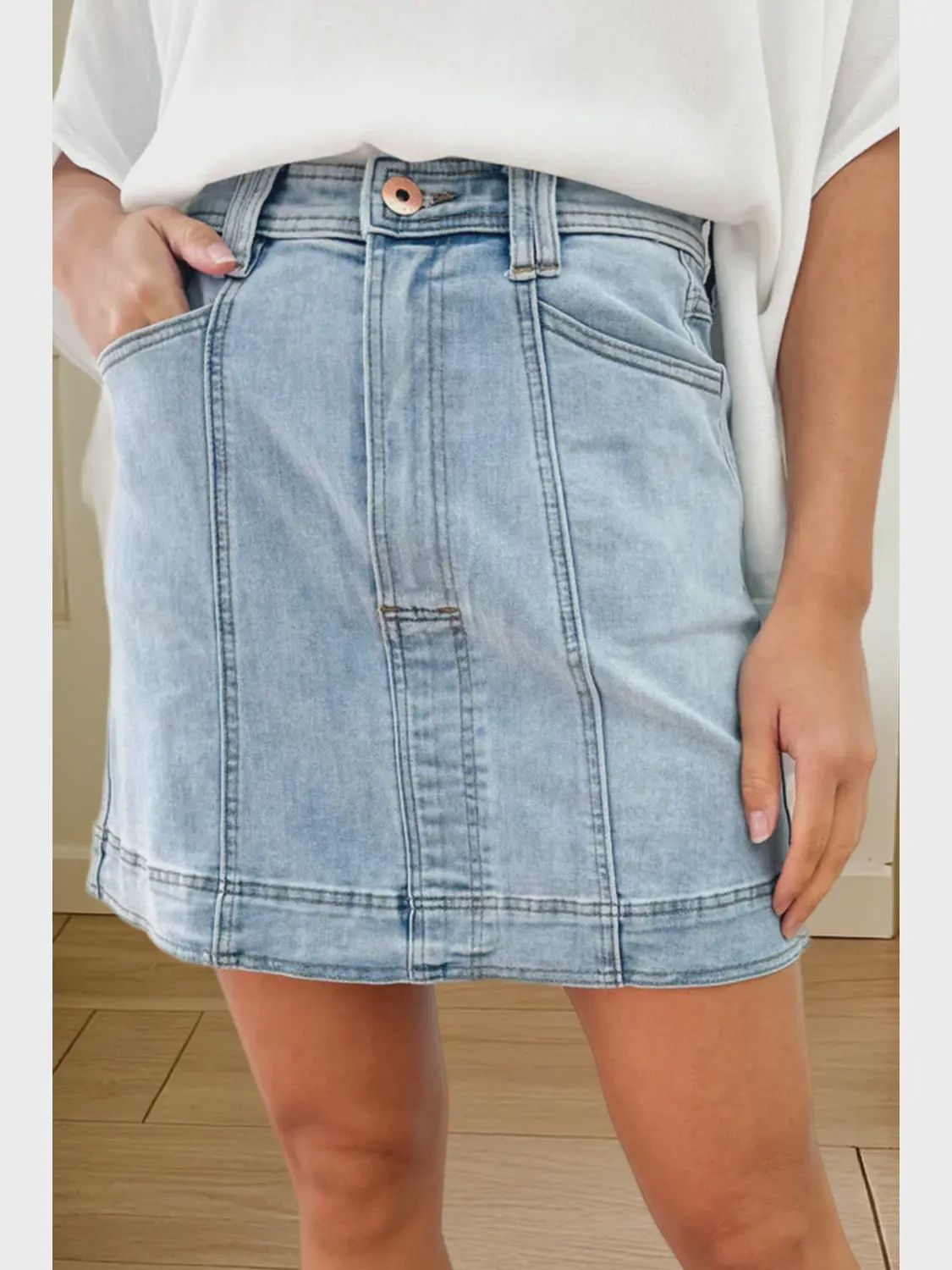 Exposed Seam Detail A-Line Denim Mini Skirt, Size: SM